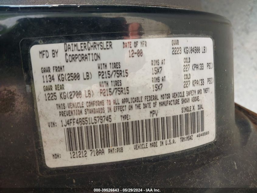 2001 Jeep Cherokee Sport VIN: 1J4FF48S51L579745 Lot: 39526643