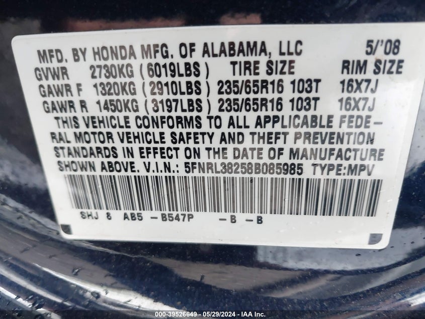 2008 Honda Odyssey Lx VIN: 5FNRL38258B085985 Lot: 39526649