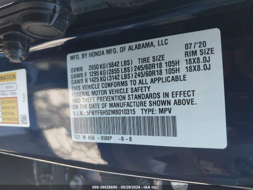 VIN 5FNYF6H52MB010315 2021 HONDA PILOT EXL