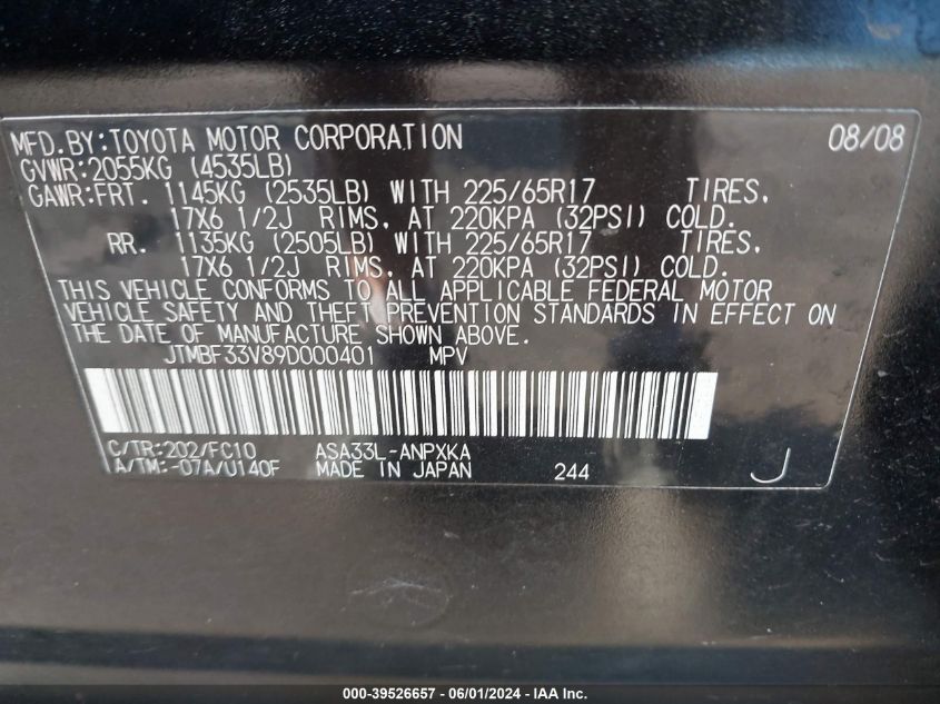 2009 Toyota Rav4 VIN: JTMBF33V89D000401 Lot: 39526657