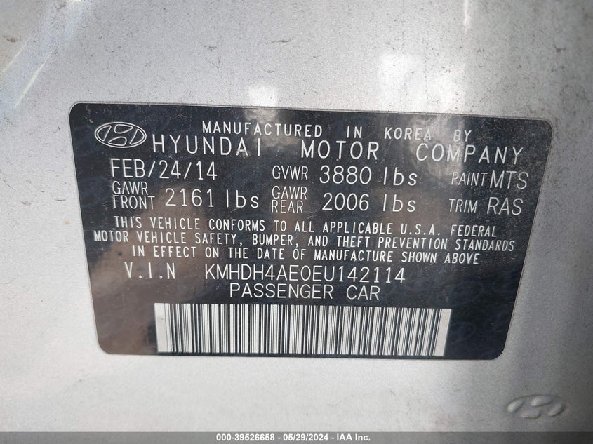 2014 Hyundai Elantra Limited VIN: KMHDH4AE0EU142114 Lot: 39526658