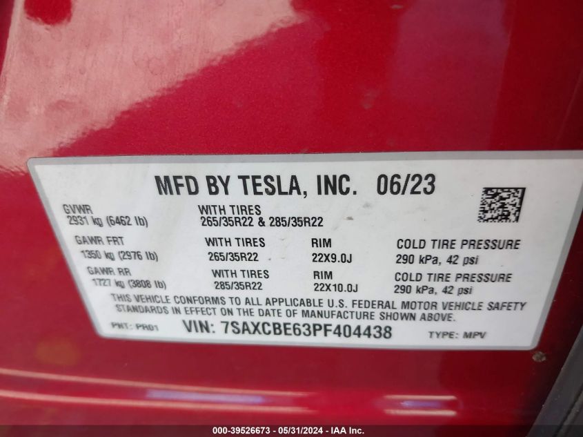 2023 Tesla Model X Plaid Tri Motor All-Wheel Drive VIN: 7SAXCBE63PF404438 Lot: 39526673