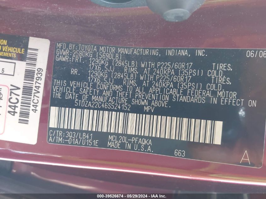 2006 Toyota Sienna Xle VIN: 5TDZA22C46S524152 Lot: 39526674