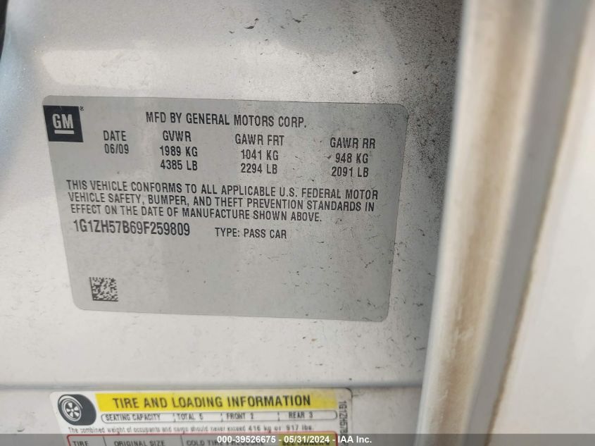 2009 Chevrolet Malibu Lt VIN: 1G1ZH57B69F259809 Lot: 39526675