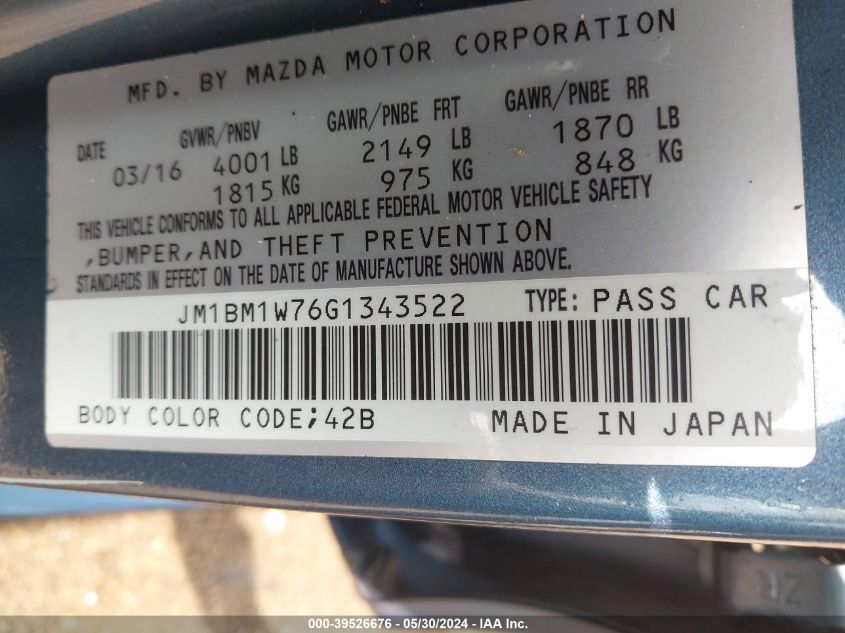 2016 Mazda Mazda3 I Touring VIN: JM1BM1W76G1343522 Lot: 39526676