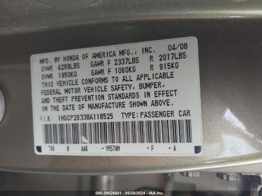 1HGCP26338A118525 | 2008 HONDA ACCORD