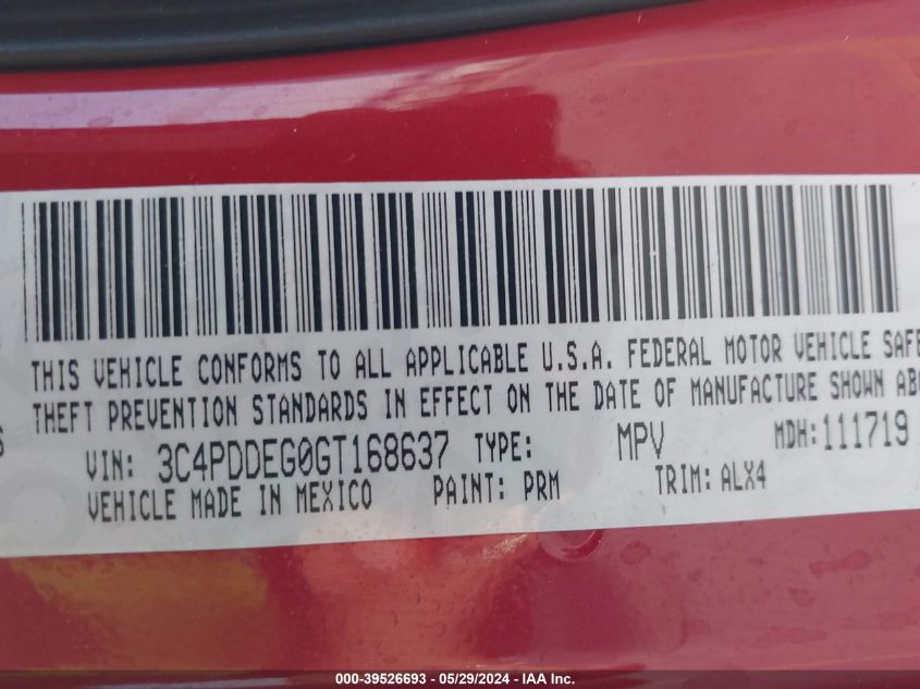 2016 Dodge Journey R/T VIN: 3C4PDDEG0GT168637 Lot: 39526693