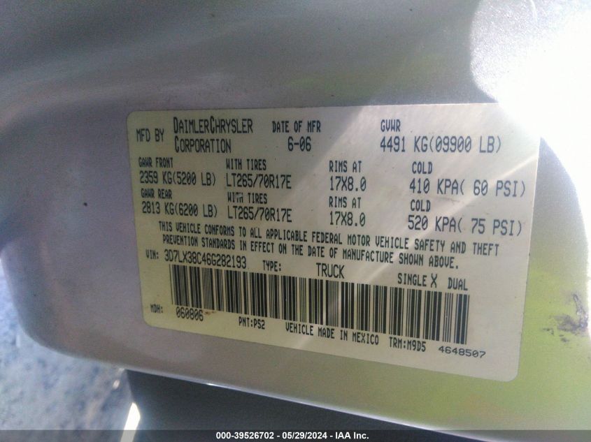 2006 Dodge Ram 3500 Slt/Trx4 Off Road/Sport VIN: 3D7LX38C46G282193 Lot: 39526702