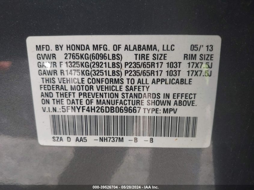 2013 Honda Pilot Lx VIN: 5FNYF4H26DB069667 Lot: 39526704