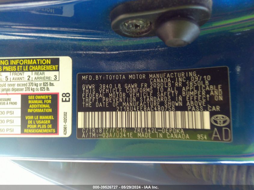 2010 Toyota Corolla Le VIN: 2T1BU4EE8AC480756 Lot: 39526727