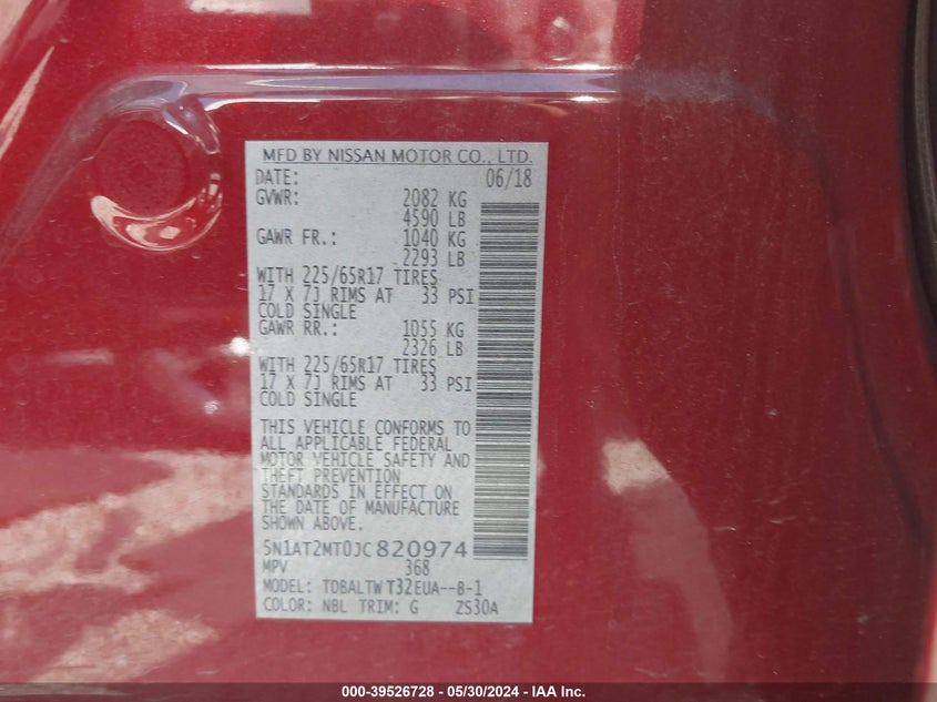 2018 Nissan Rogue Sv VIN: 5N1AT2MT0JC820974 Lot: 39526728