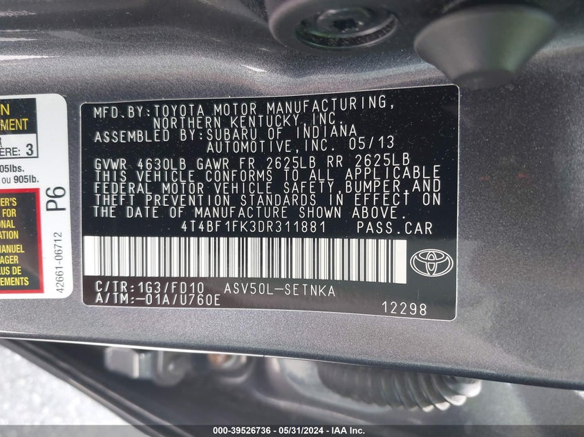 2013 Toyota Camry Le VIN: 4T4BF1FK3DR311881 Lot: 39526736