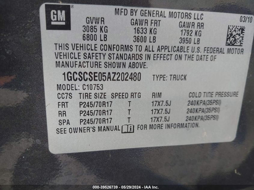 2010 Chevrolet Silverado 1500 Lt VIN: 1GCSCSE05AZ202480 Lot: 39526739