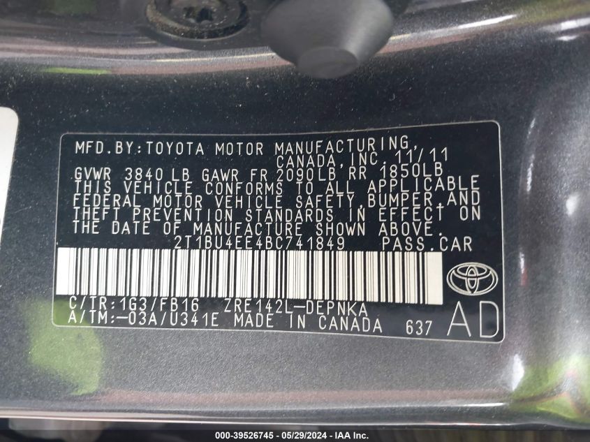 2011 Toyota Corolla Le VIN: 2T1BU4EE4BC741849 Lot: 39526745