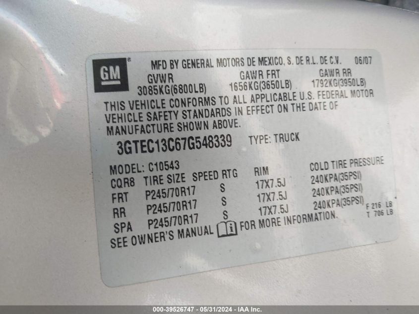 2007 GMC Sierra 1500 Sl VIN: 3GTEC13C67G548339 Lot: 39526747