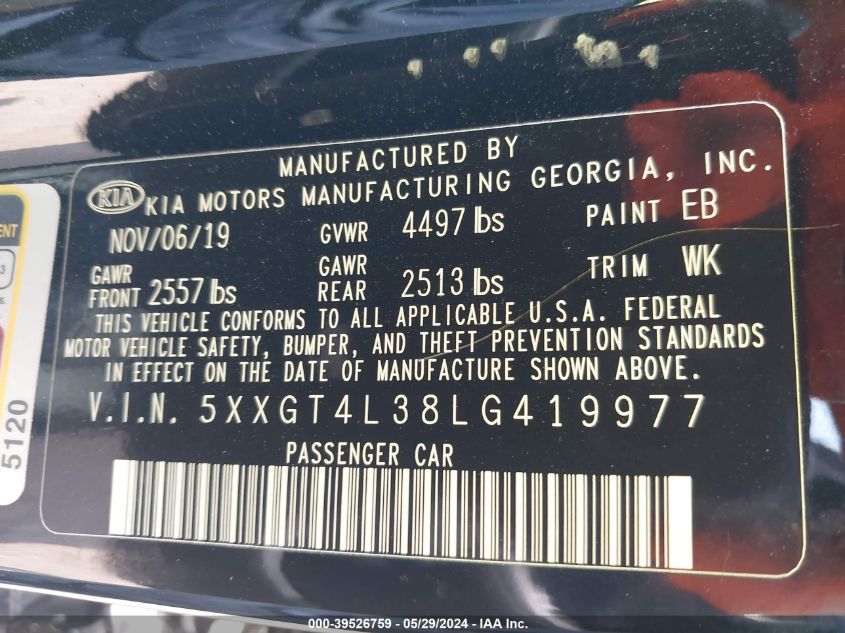 2020 Kia Optima Lx VIN: 5XXGT4L38LG419977 Lot: 39526759