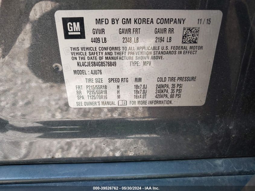 2016 Buick Encore VIN: KL4CJESB4GB576849 Lot: 39526762