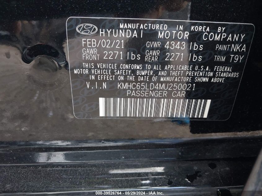 2021 Hyundai Ioniq Plug-In Hybrid Se VIN: KMHC65LD4MU250021 Lot: 39526764