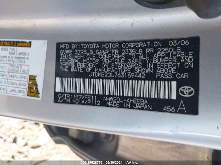 2006 Toyota Prius VIN: JTDKB20U763169442 Lot: 39526775