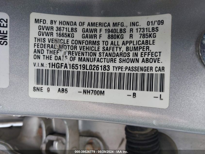 2009 Honda Civic Lx VIN: 1HGFA16519L026183 Lot: 39526779