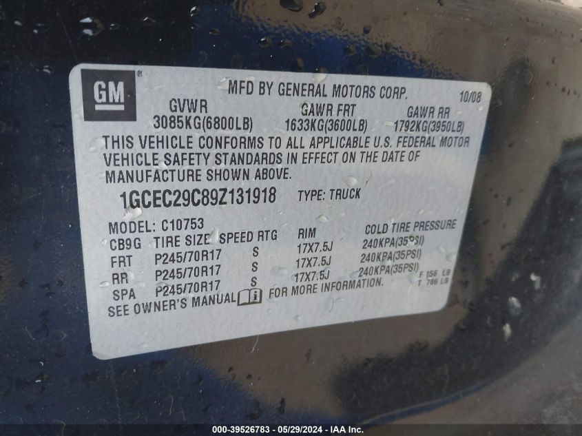 2009 Chevrolet Silverado 1500 Lt VIN: 1GCEC29C89Z131918 Lot: 39526783