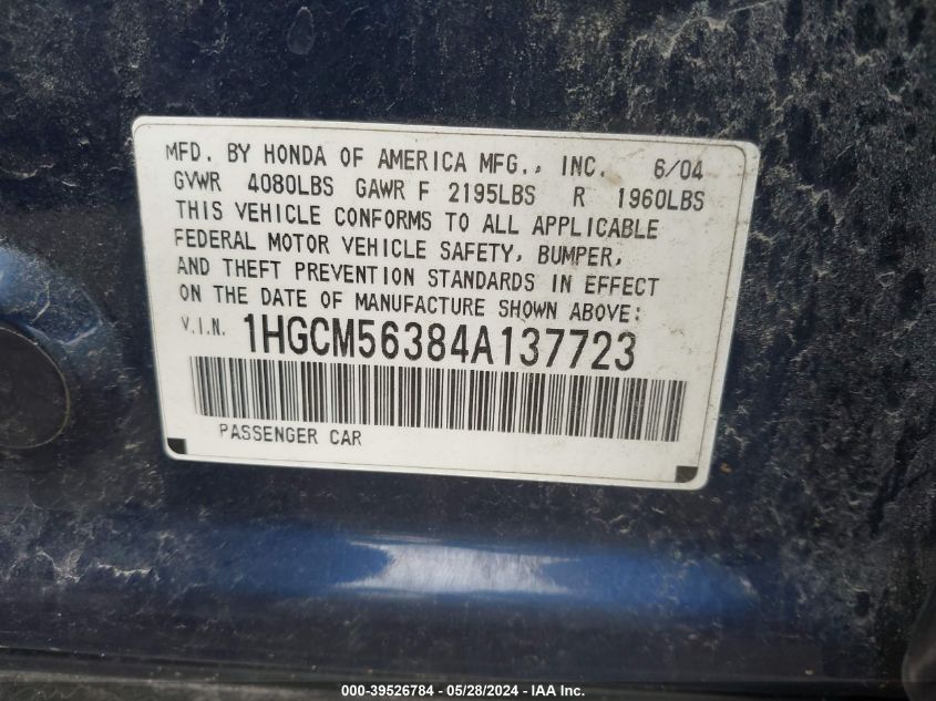 2004 Honda Accord 2.4 Lx VIN: 1HGCM56384A137723 Lot: 39526784