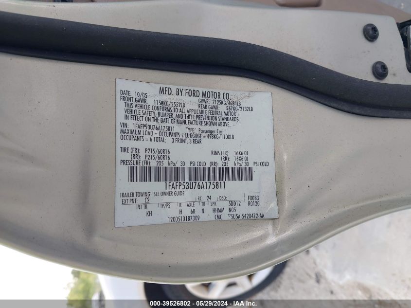2006 Ford Taurus Se VIN: 1FAFP53U76A175811 Lot: 39526802