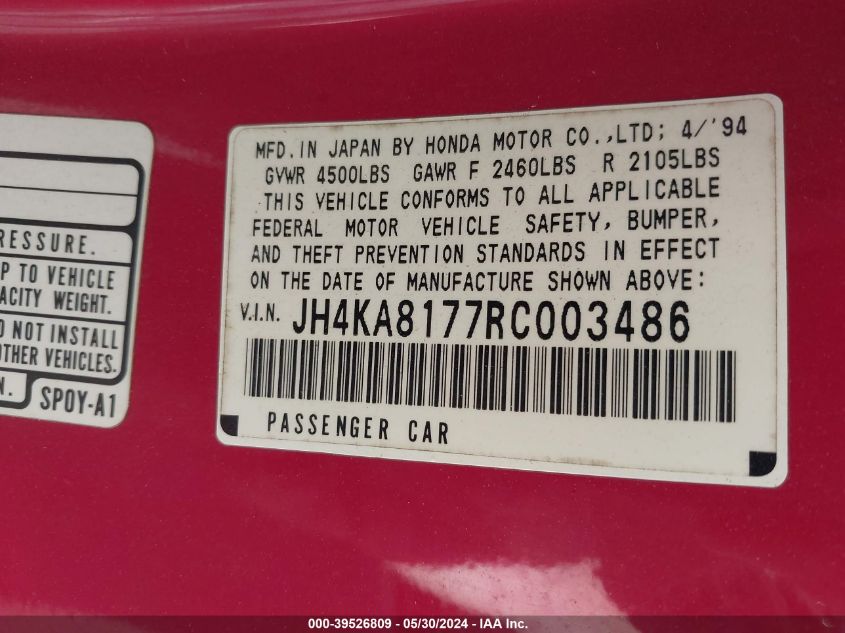 1994 Acura Legend Ls VIN: JH4KA8177RC003486 Lot: 39526809