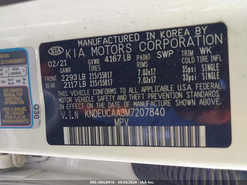 2021 Kia Seltos S VIN: KNDEUCAA3M7207840 Lot: 39526810