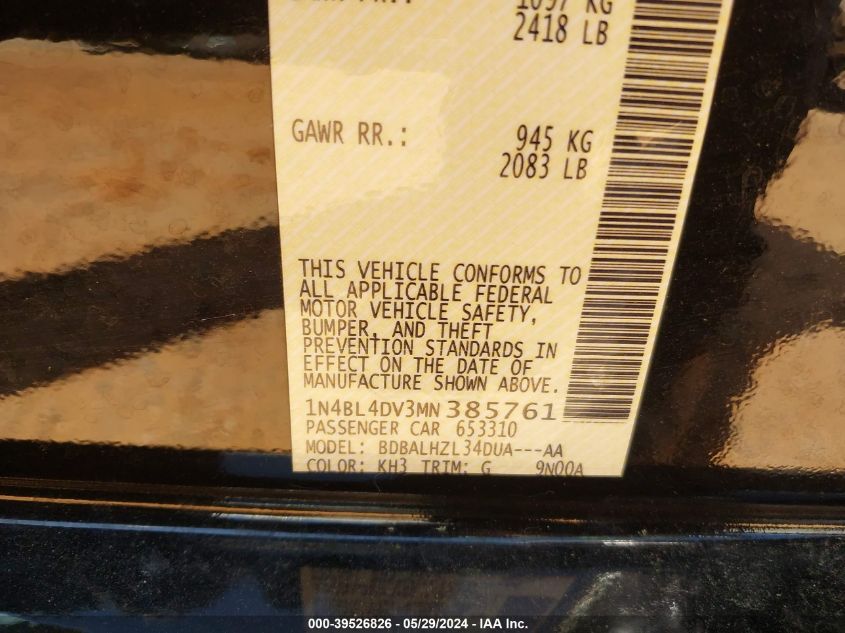 2021 Nissan Altima Sv Fwd VIN: 1N4BL4DV3MN385761 Lot: 39526826