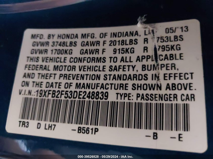2013 Honda Civic Lx VIN: 19XFB2F53DE248839 Lot: 39526828