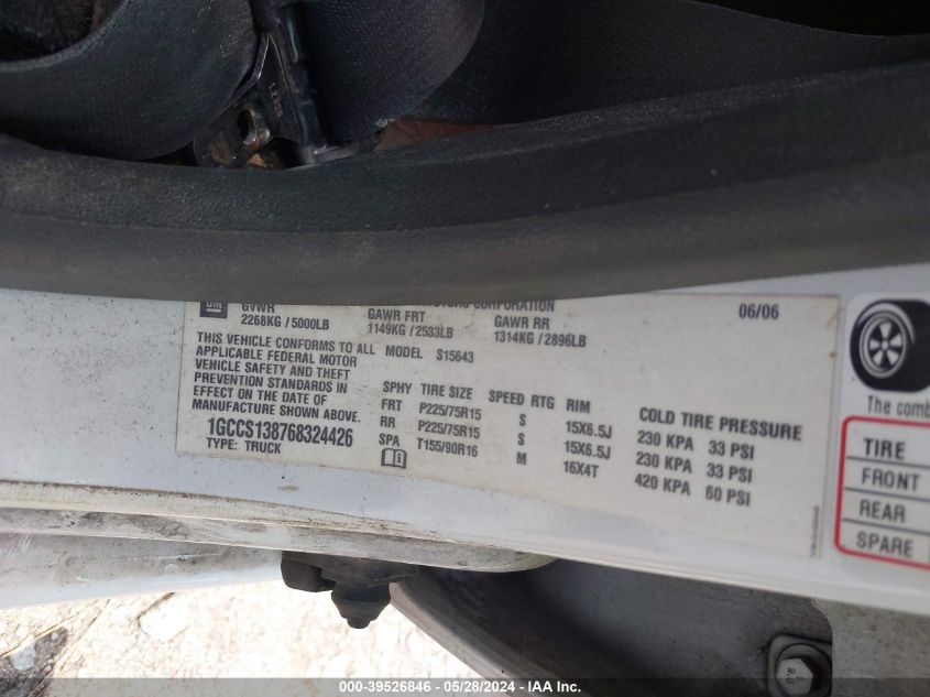 2006 Chevrolet Colorado Lt VIN: 1GCCS138768324426 Lot: 39526846