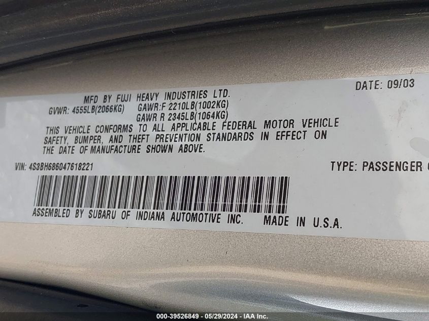 2004 Subaru Outback Limited VIN: 4S3BH686047618221 Lot: 39526849