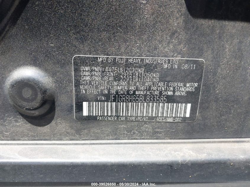 2011 Subaru Impreza Wrx Sti VIN: JF1GR8H65BL833585 Lot: 39526850