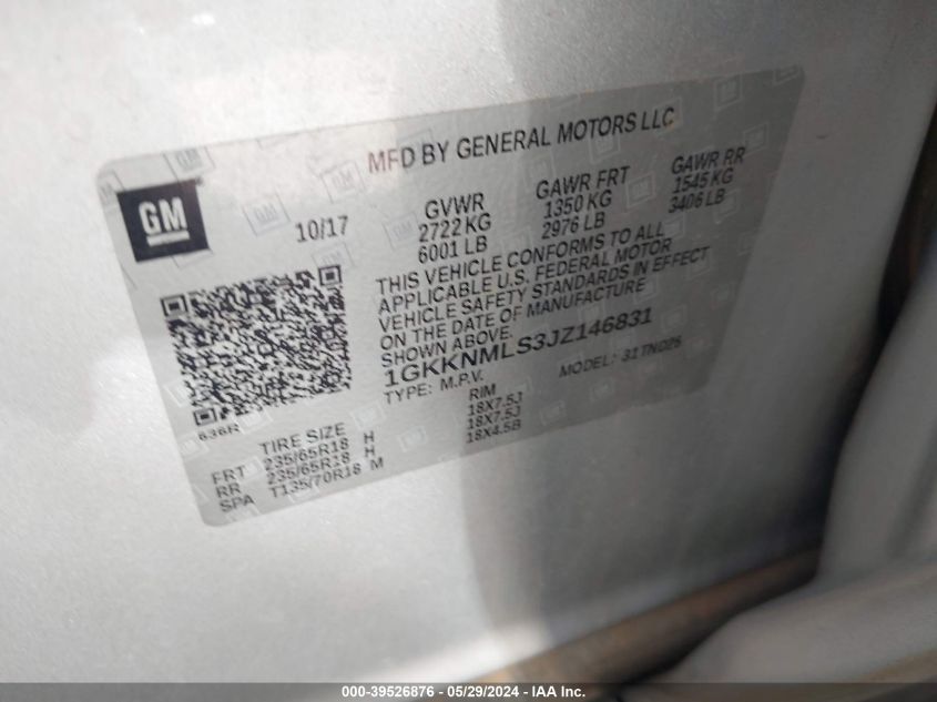 2018 GMC Acadia Slt-1 VIN: 1GKKNMLS3JZ146831 Lot: 39526876