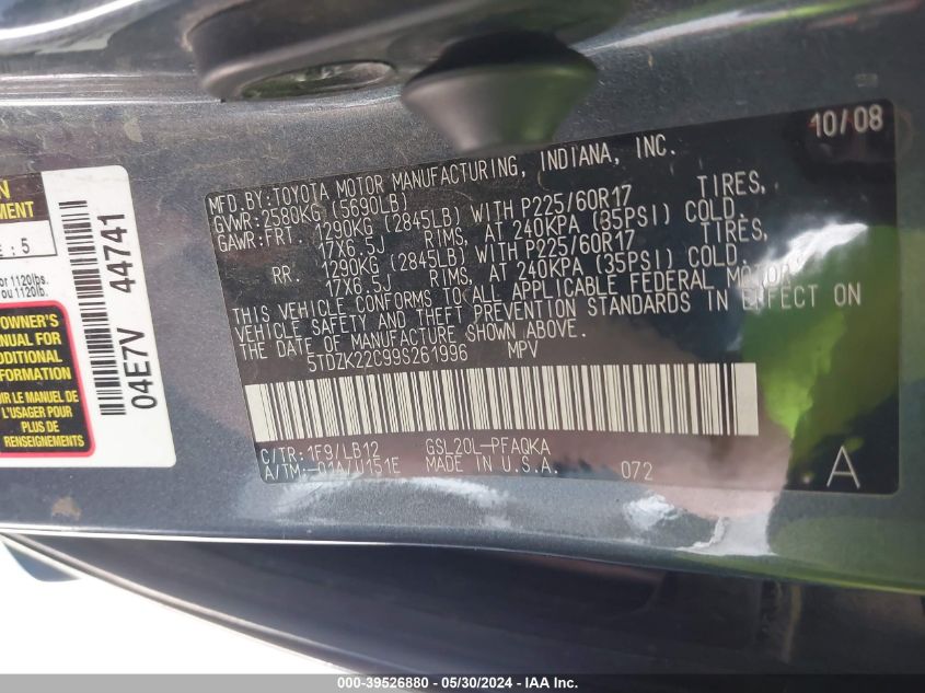 2009 Toyota Sienna Xle VIN: 5TDZK22C99S261996 Lot: 39526880