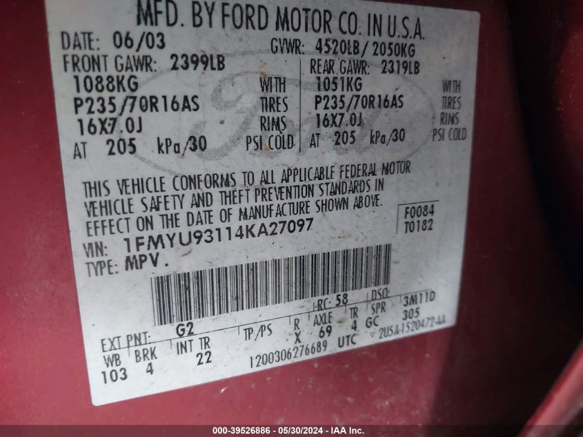 2004 Ford Escape Xlt VIN: 1FMYU93114KA27097 Lot: 39526886