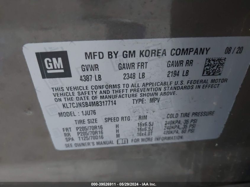 2021 Chevrolet Trax Awd Ls VIN: KL7CJNSB4MB317714 Lot: 39526911