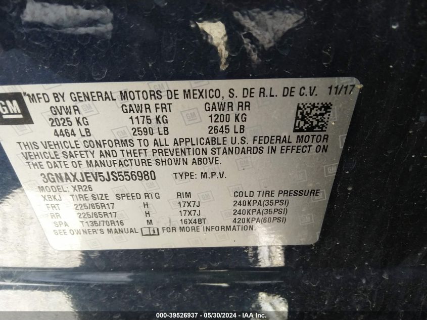 2018 Chevrolet Equinox Lt VIN: 3GNAXJEV5JS556980 Lot: 39526937