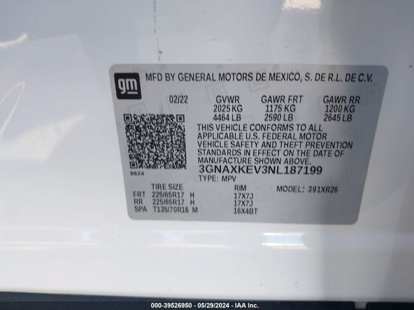 2022 Chevrolet Equinox Fwd Lt VIN: 3GNAXKEV3NL187199 Lot: 39526950