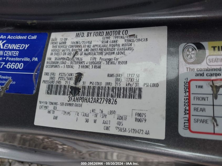 2010 Ford Fusion Se VIN: 3FAHP0HA2AR279826 Lot: 39526966