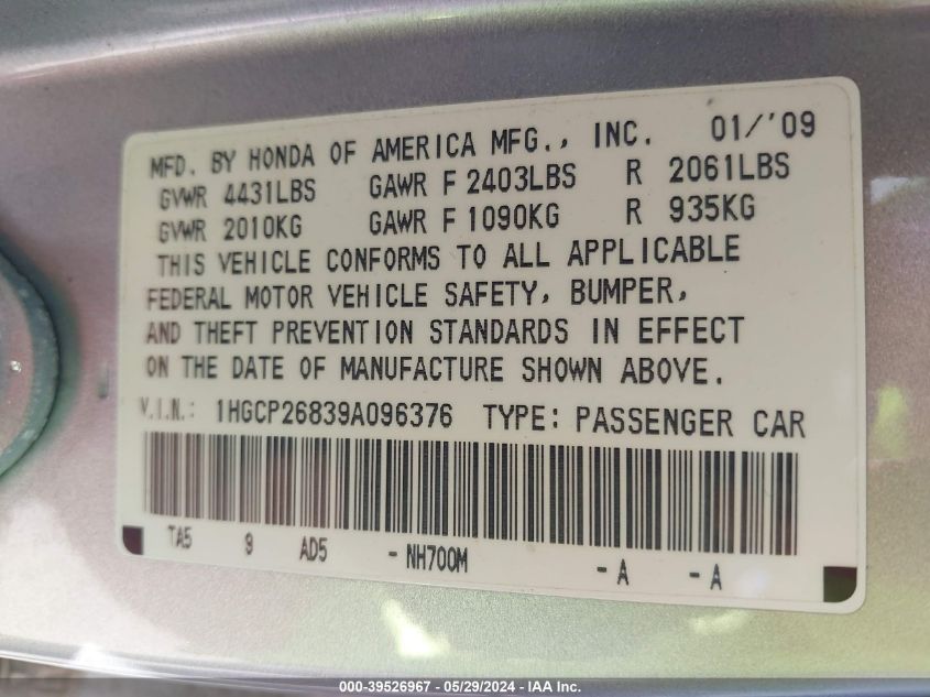 2009 Honda Accord 2.4 Ex-L VIN: 1HGCP26839A096376 Lot: 39526967