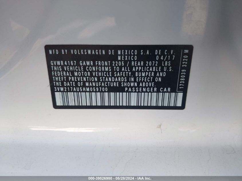 2017 VOLKSWAGEN GOLF VIN: 3VW217AU5HM059700