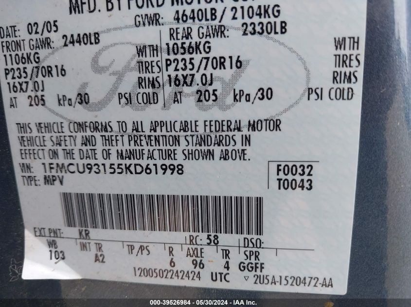 2005 Ford Escape Xlt VIN: 1FMCU93155KD61998 Lot: 39526984