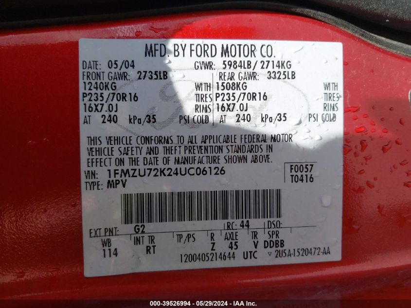 2004 Ford Explorer Xls VIN: 1FMZU72K24UC06126 Lot: 39526994