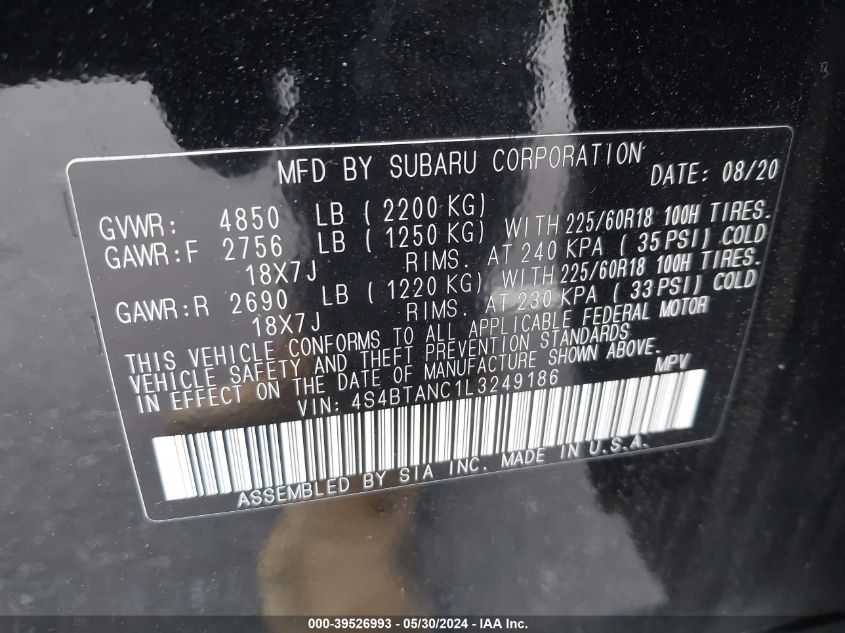 2020 Subaru Outback Limited VIN: 4S4BTANC1L3249186 Lot: 39526993