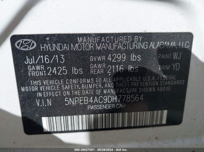 2013 Hyundai Sonata Gls VIN: 5NPEB4AC9DH778564 Lot: 39527001