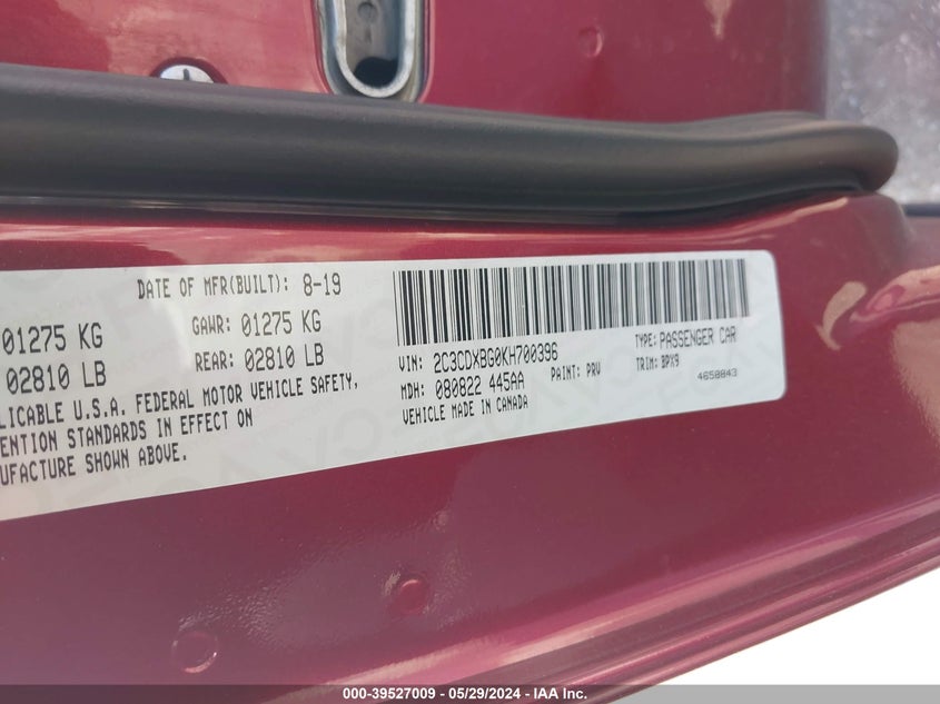 2019 Dodge Charger Sxt Rwd VIN: 2C3CDXBG0KH700396 Lot: 39527009