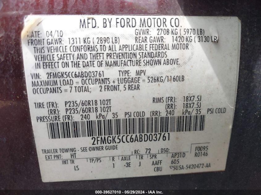 2010 Ford Flex Sel VIN: 2FMGK5CC6ABD03761 Lot: 39527010