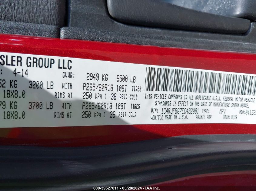 2014 Jeep Grand Cherokee Limited VIN: 1C4RJFBG7EC492081 Lot: 39527011